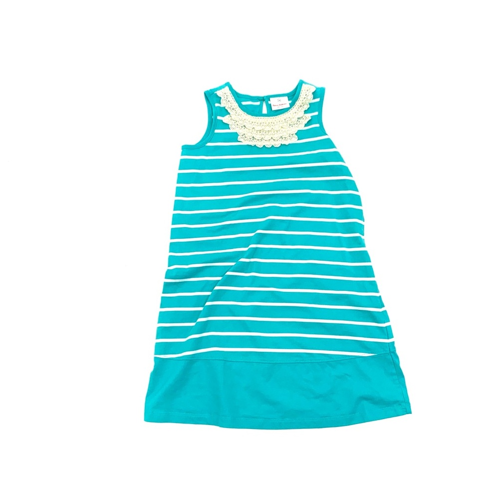 Hanna Andersson Dress Girls 10 140 Stripes Turquoise Green White Lace Detail